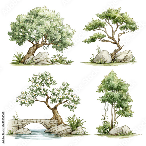 Obraz na płótnie Watercolor illustration featu four various small trees and rocks artwork. w salonie