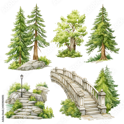 Obraz na płótnie Watercolor illustration shows various trees and bridge on white background. w salonie