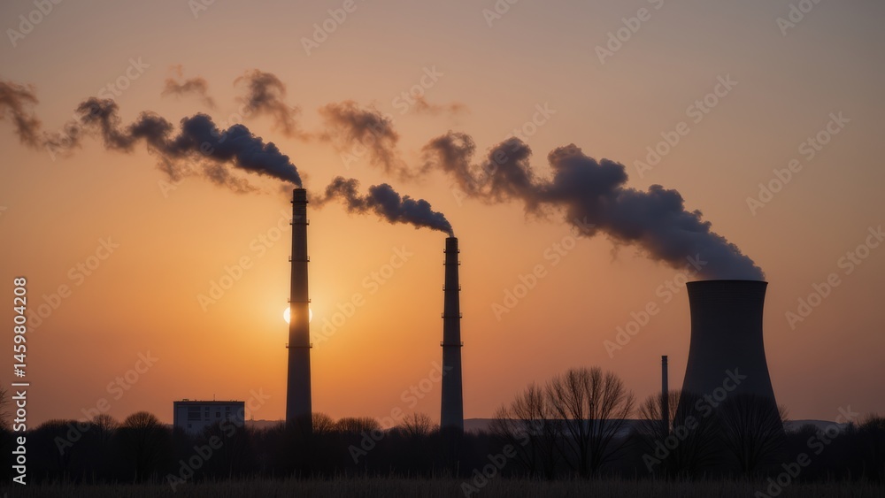 Power Plant at Sunset: Coal Burning for Energy Production with Smoke, Environmental Pollution and Fossil Fuel Emissions Power Plant at Sunset: Coal Burning for Energy Production with Smoke, Environmental Pollution and Fossil Fuel Emissions