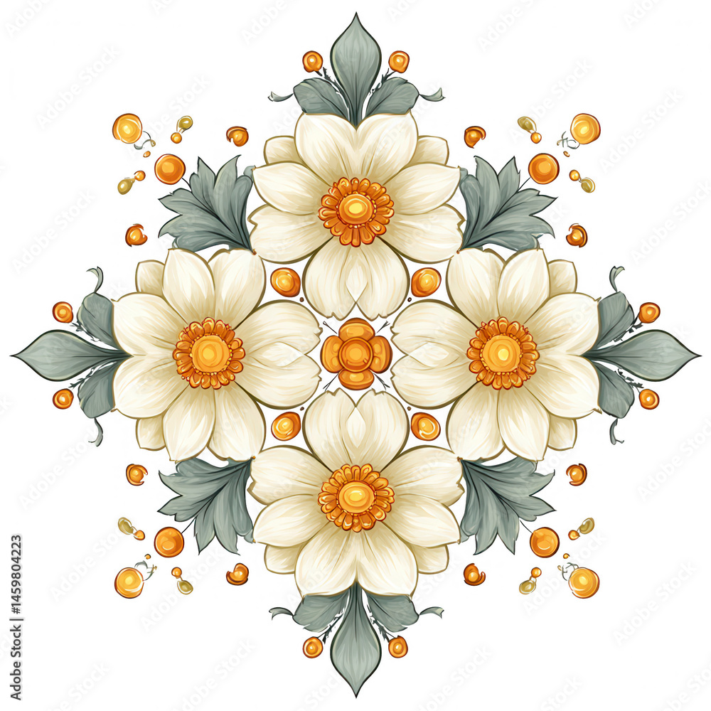 Symmetrical floral arrangement features white flowers and gray leaves artfully arranged.