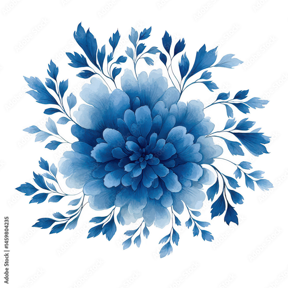 Elegant blue floral illustration with leaves and petals on white background