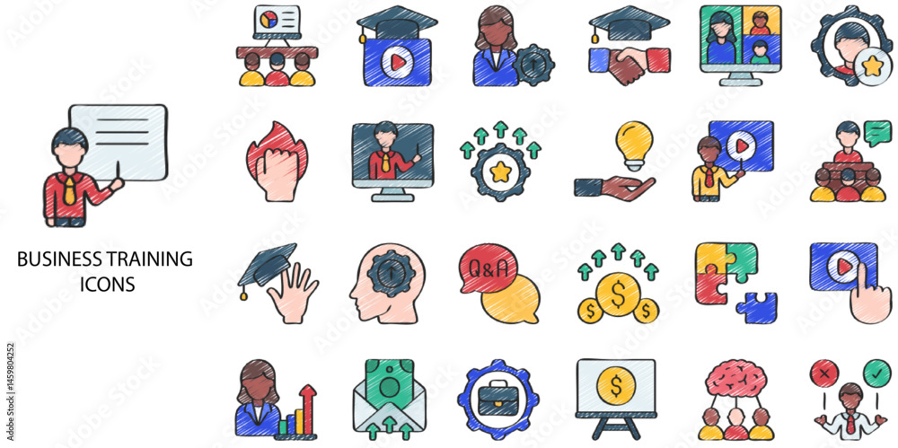 Fototapeta premium Business Training simple concept 24 hand drawn color icons set. Contains such .Vector illustration.