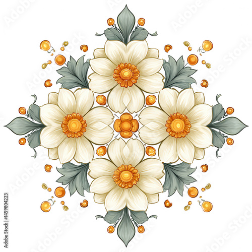Obraz na płótnie Symmetrical floral arrangement features white flowers and gray leaves artfully arranged. w salonie