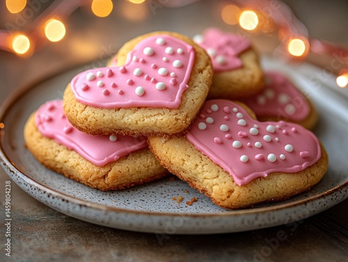Pink heart-shaped cookies with white sprinkles, stacked on a plate. Warm lighting in background