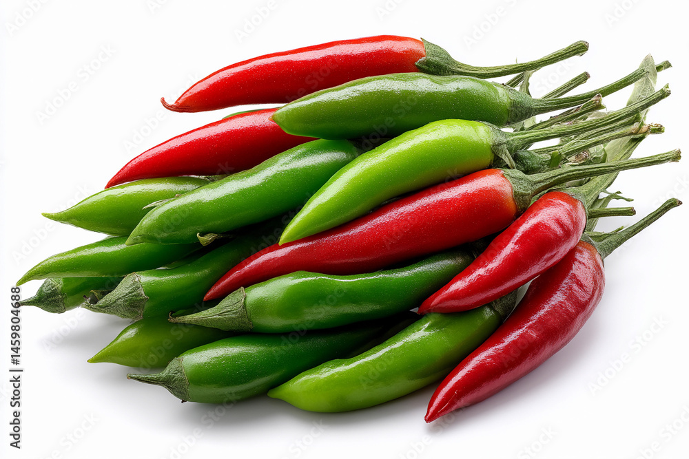 Fresh green and red chilies stacked for cooking in a bright kitchen setting Fresh green and red chilies stacked for cooking in a bright kitchen setting