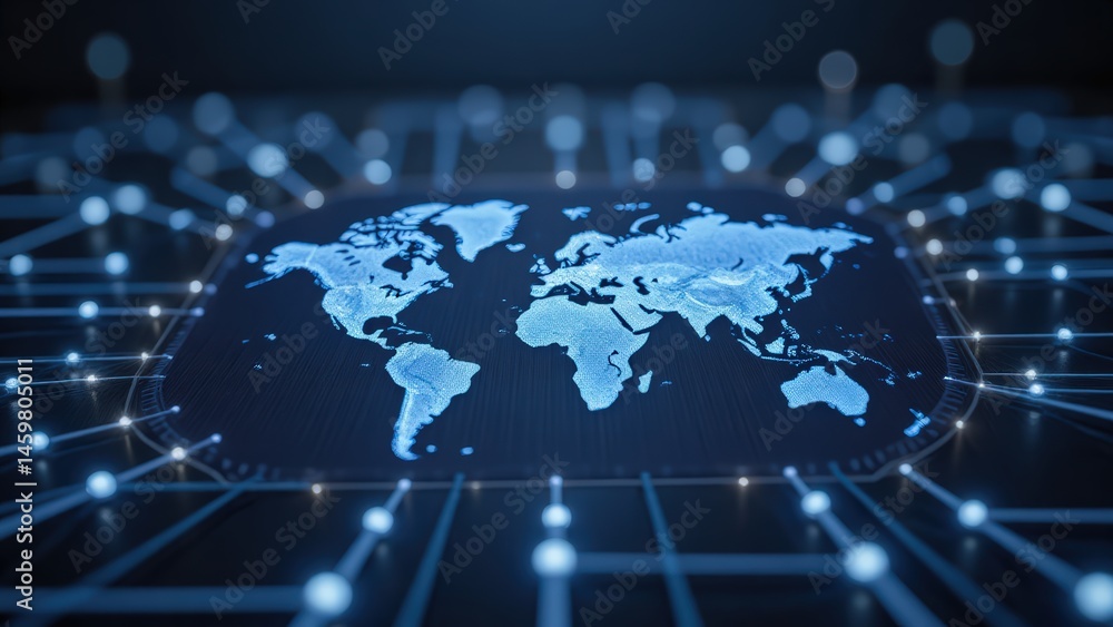 Global Network Connection: Digital World Map with Network Nodes for Technology Concepts - Data Connectivity, Worldwide Communication Global Network Connection: Digital World Map with Network Nodes for Technology Concepts - Data Connectivity, Worldwide Communication