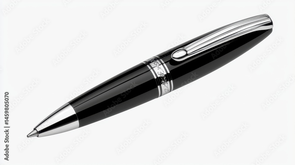 Sleek Black and Silver Ballpoint Pen on White Background Sleek Black and Silver Ballpoint Pen on White Background