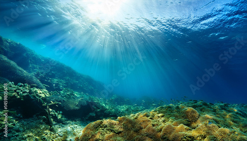 Wallpaper Mural deep underwater scene with sunlight shining through the water Torontodigital.ca