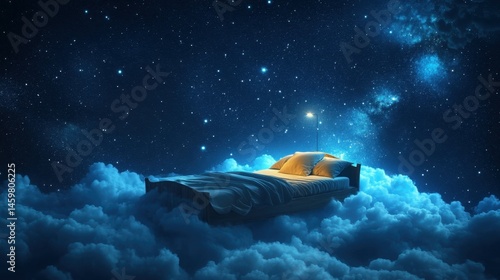 Dreamy bed floating on clouds, under a starry sky. Sleep. AI generated image