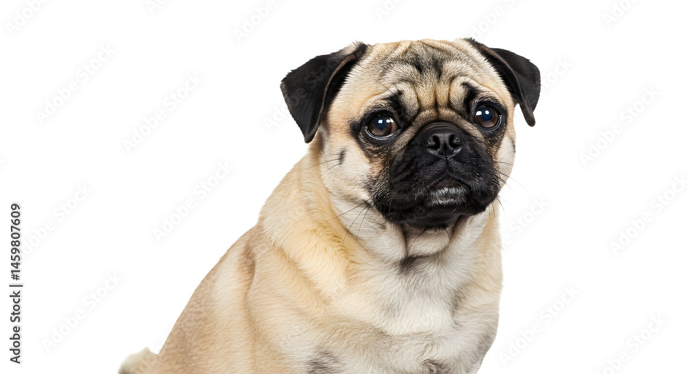 A close-up portrait of a pug sitting gracefully against a plain background, showcasing its expressive eyes and unique features A close-up portrait of a pug sitting gracefully against a plain background, showcasing its expressive eyes and unique features