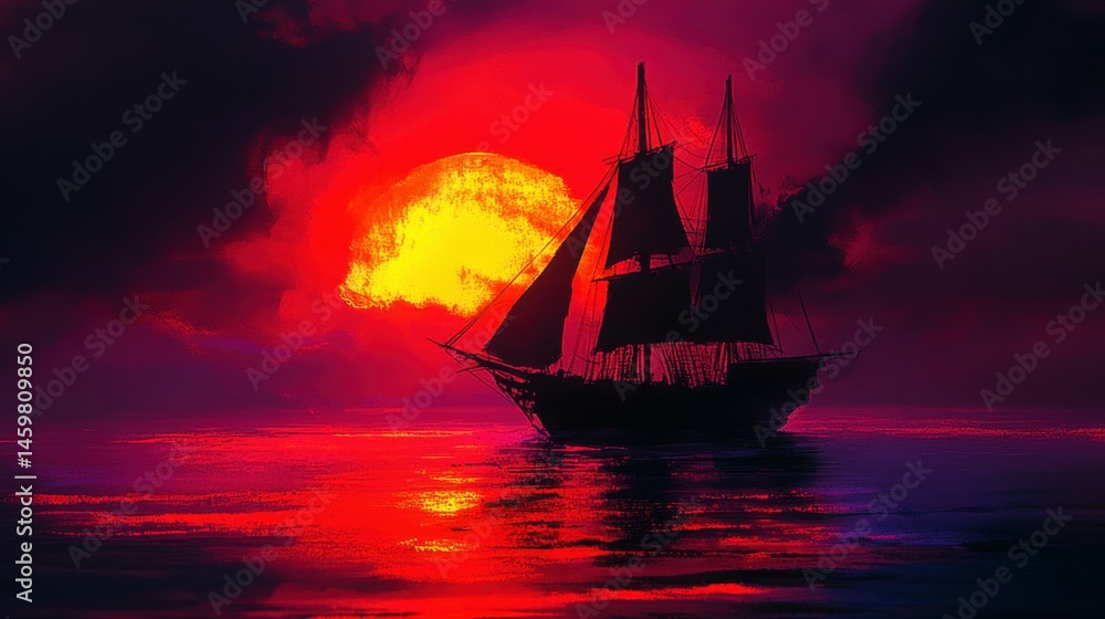 Fototapeta premium Silhouetted Ship Against a Vibrant Sunset