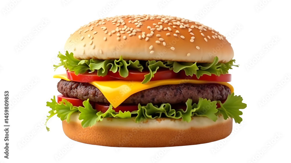 A delicious cheeseburger with fresh lettuce, tomatoes, and a juicy beef patty, placed on a clean background for culinary appeal A delicious cheeseburger with fresh lettuce, tomatoes, and a juicy beef patty, placed on a clean background for culinary appeal