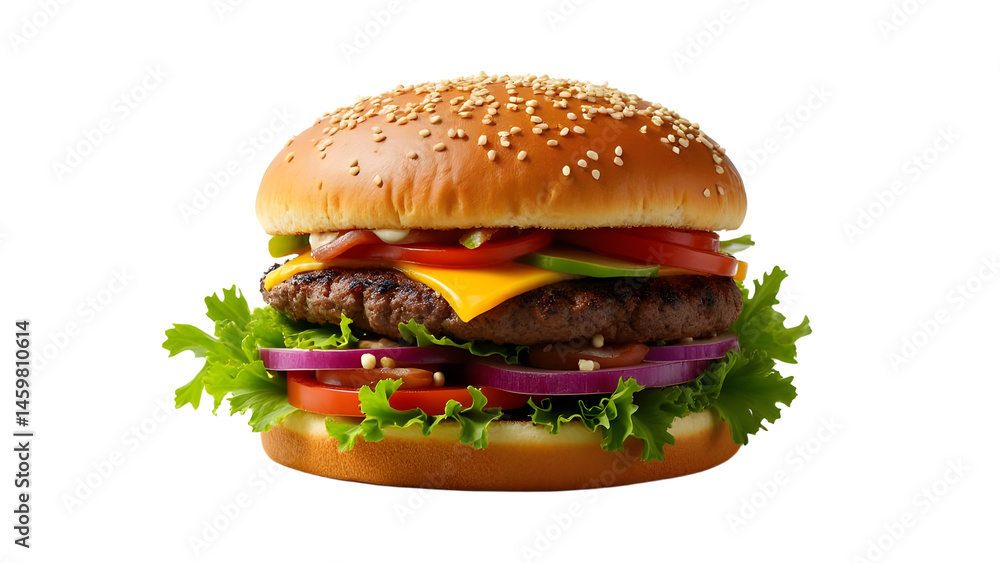 A delicious hamburger with fresh lettuce, tomatoes, onions, and cheese on a sesame seed bun, isolated on a clean background A delicious hamburger with fresh lettuce, tomatoes, onions, and cheese on a sesame seed bun, isolated on a clean background