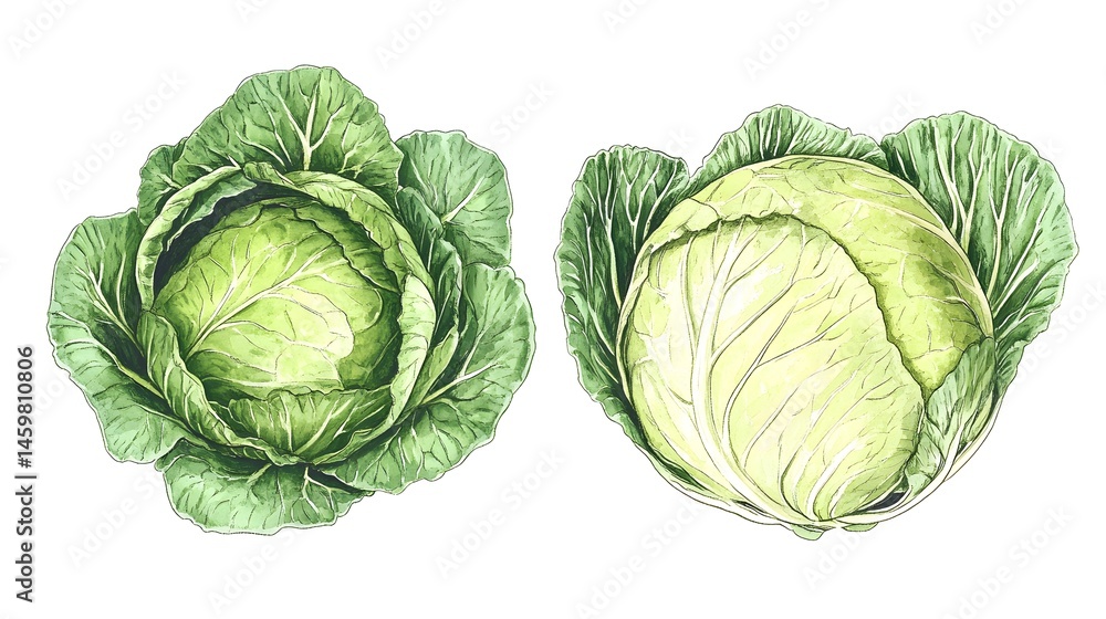 Fototapeta premium Hand-drawn illustration of two heads of fresh cabbage.