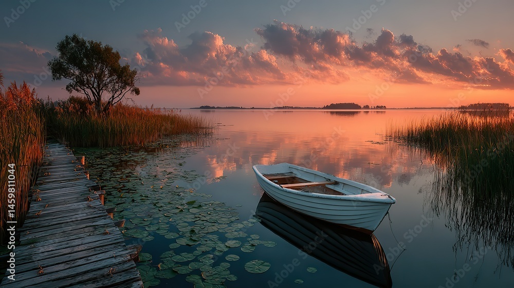 Obraz premium Summer Lakeside Sunset Panorama with Wooden Pier and Lily Pads, Golden Hour Reflections for Ecological Documentaries and Tourism Promotion