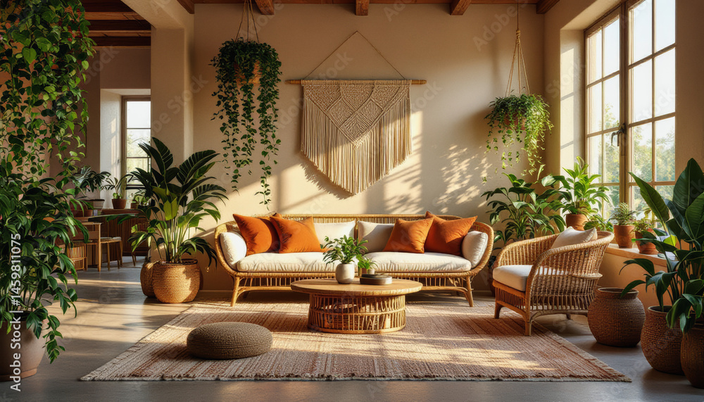 Obraz premium Sunlight floods a cozy living room featuring a rattan sofa, woven furniture, lush greenery, and a macrame wall hanging, creating a serene and bohemian atmosphere.