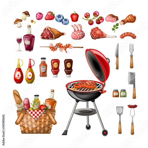 Set of barbecue tools and sauces.