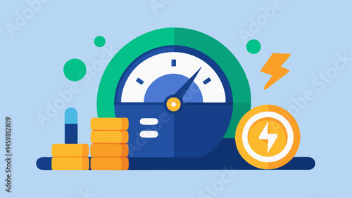 Energy Consumption An illustration depicting a large power meter with coins alongside it emphasizing the energy costs associated with mining cryptocurrencies.