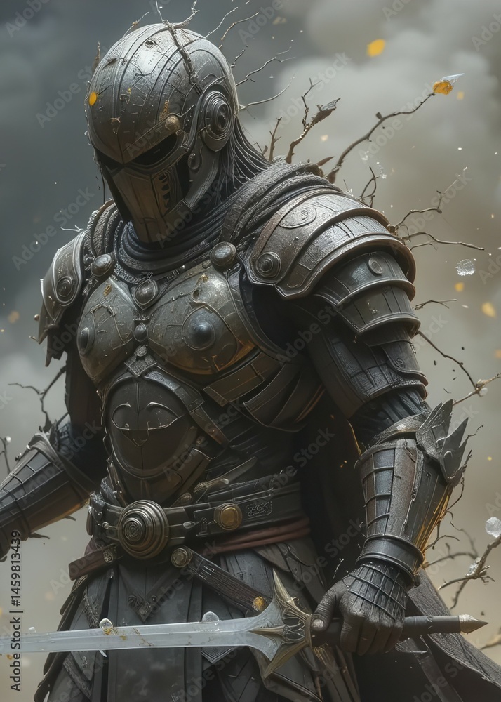 Fototapeta premium Warrior in Medieval Armor with Sword and Mystical Background