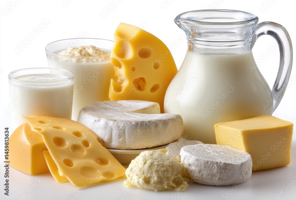 Fresh Dairy Products Arrangement with Milk, Cream, Various Cheeses, and Yogurt on White Background Ideal for Culinary and Nutrition Themes Fresh Dairy Products Arrangement with Milk, Cream, Various Cheeses, and Yogurt on White Background Ideal for Culinary and Nutrition Themes