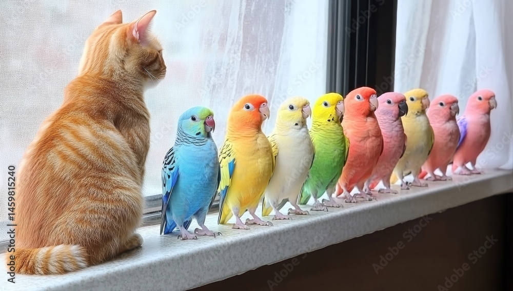 At a window, during fall, a curious cat gazes at birds of many colors through a pane