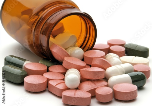 A vibrant array of pills and capsules pours out of an upended bottle onto a white surface, creating a kaleidoscope of colorful medicine