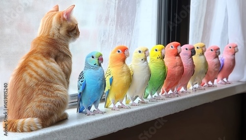 Obraz na płótnie At a window, during fall, a curious cat gazes at birds of many colors through a pane w salonie