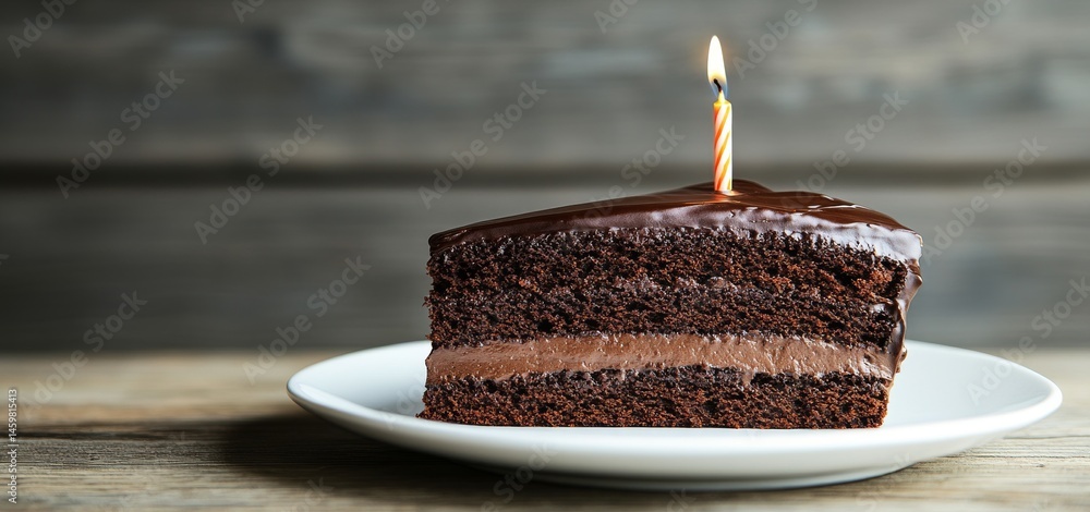 A rich chocolate birthday cake adorned with a lit candle, festive sprinkles, and sugar