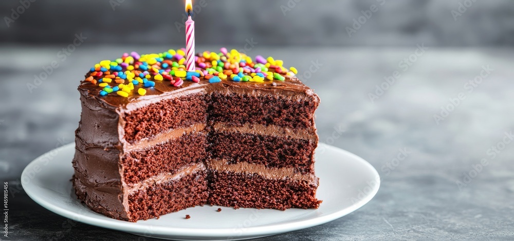 The decadent chocolate birthday cake features a lit candle, festive sprinkles, and a touch of sugar