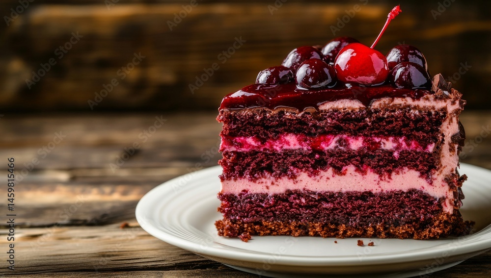 A rich slice of chocolate cake adorned with shiny cherries rests on a white plate, exemplifying food styling and baked goods