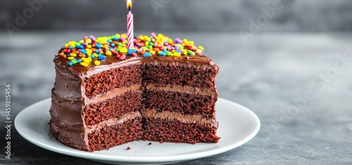 Obraz na płótnie The decadent chocolate birthday cake features a lit candle, festive sprinkles, and a touch of sugar w salonie