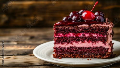 Obraz na płótnie A rich slice of chocolate cake adorned with shiny cherries rests on a white plate, exemplifying food styling and baked goods w salonie