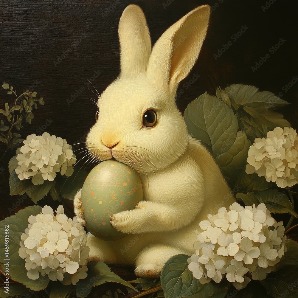 The Easter bunny happily rolls a decorated egg surrounded by blooming hydrangeas