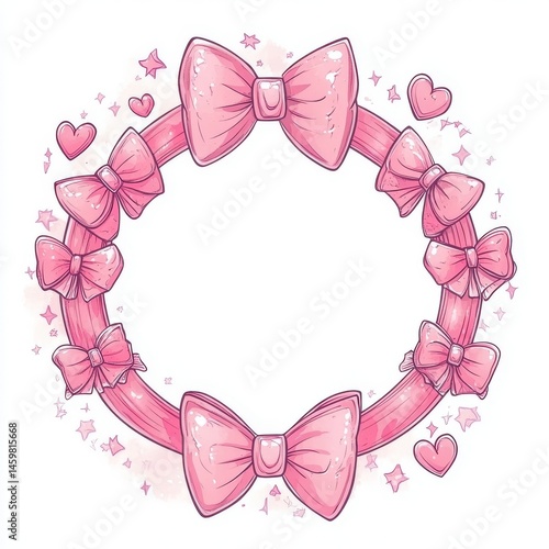 Obraz na płótnie The round frame, complete with a bow and ribbons, incorporates a beautifully hand-drawn emblem border, ideal for use on wedding invitations, birthday cards, and other celebratory graphics w salonie