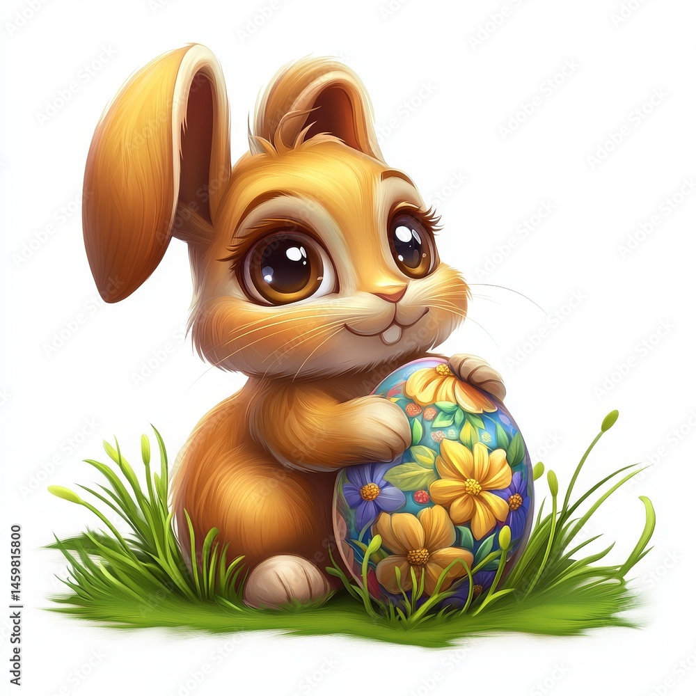 A charming Easter bunny is seen peeking from behind a beautifully decorated egg, surrounded by roses