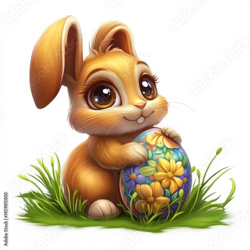 Obraz na płótnie A charming Easter bunny is seen peeking from behind a beautifully decorated egg, surrounded by roses w salonie