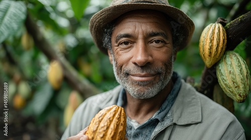 Cacao farmer smiles while harvesting ripe pods in a lush tropical plantation during the early morning hours