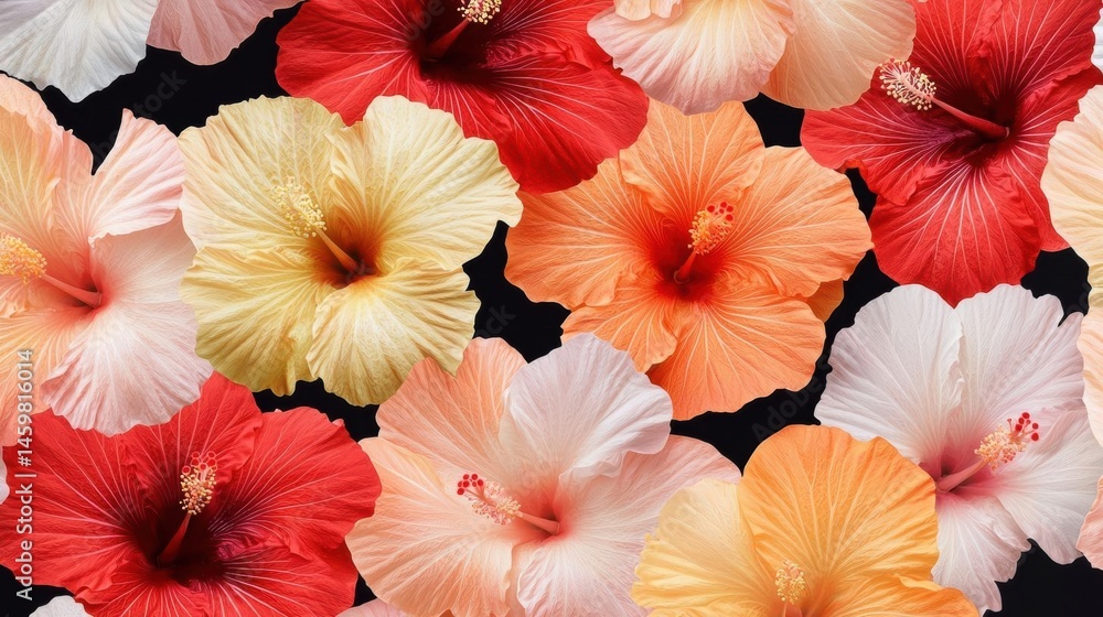 custom made wallpaper toronto digitalSeamless pattern of colorful hibiscus flowers. the flowers are arranged in a repeating pattern on a black background.