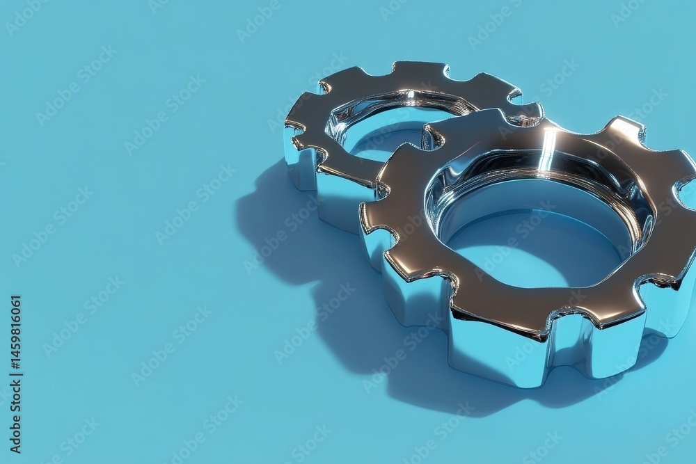 A blue-backgrounded 3D image showcasing two metallic gears with a polished silver finish, their interlocking design embodying the concepts of mechanical engineering, industrial machinery, and the