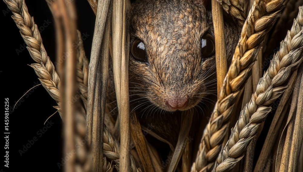 A tiny brown rodent is perched on top of a heap of wheat, set against a blurry backdrop