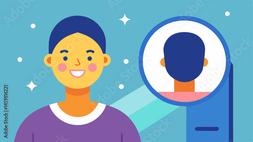 Happy Patient Outcome An illustration of a smiling patient looking in the mirror with bright rejuvenated skin reflecting the successful results of exosomeenhanced laser therapy.