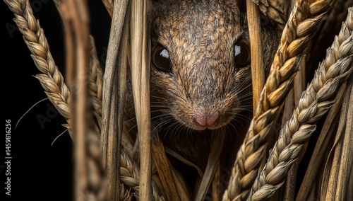 Obraz na płótnie A tiny brown rodent is perched on top of a heap of wheat, set against a blurry backdrop w salonie