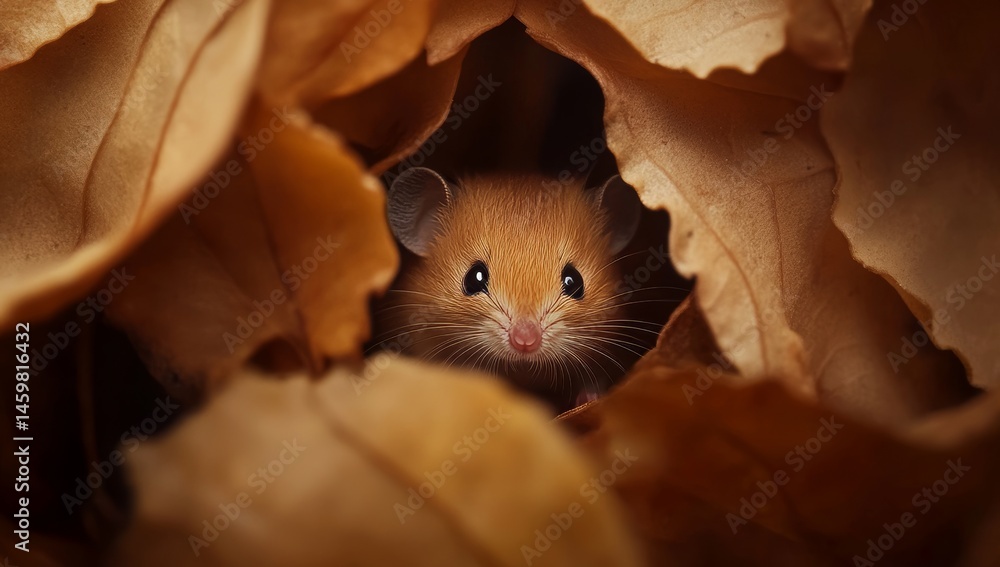 A brown mouse is perched on top of a wheat pile, set against a blurred backdrop