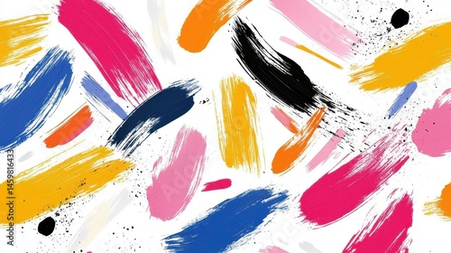 Abstract background with a white background. it is made up of various brushstrokes of different colors, including pink, orange, blue, yellow, and black.