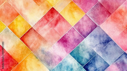 Geometric watercolor square pattern featuring vibrant colors and abstract kaleidoscope design modern wallpaper tile or art background