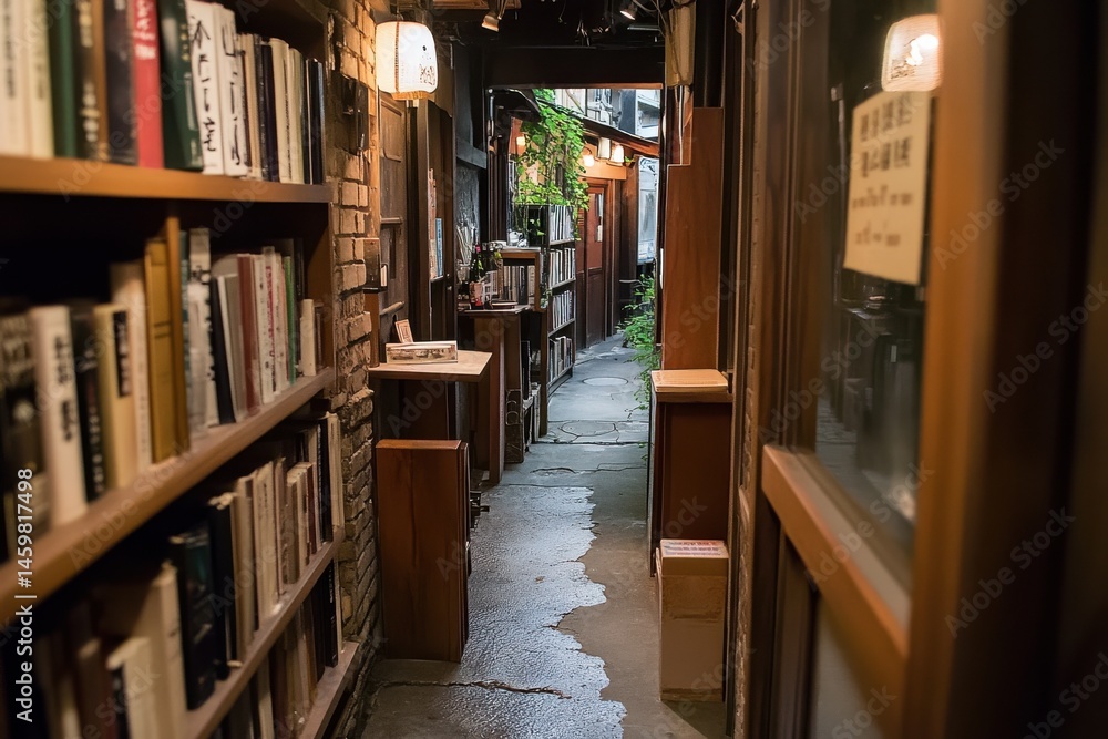 Narrow passage lined with bookshelves in a cozy Japanese bookstore during the evening glow Narrow passage lined with bookshelves in a cozy Japanese bookstore during the evening glow