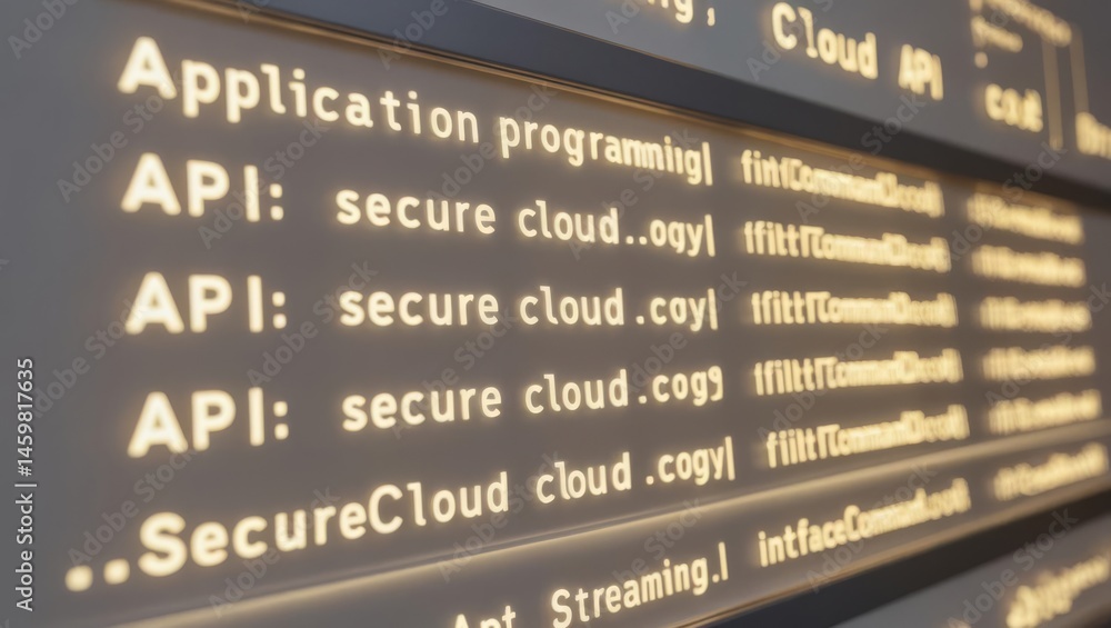 Obraz premium Close-up of a digital screen displaying API programming, cloud security, and code-related terms and commands.