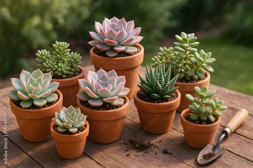 Rustic Succulent Arrangement on Wooden Table Rustic Succulent Arrangement on Wooden Table