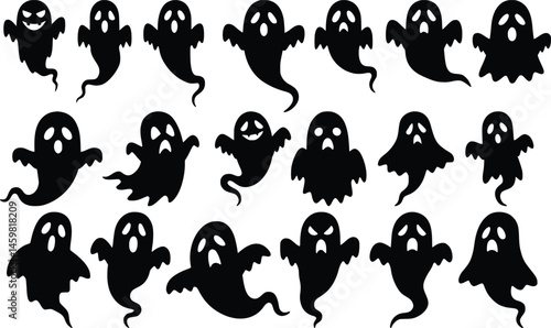 Diverse ghost character collection with various expressions and poses floating spooky spirits black silhouettes for halloween pattern design elements