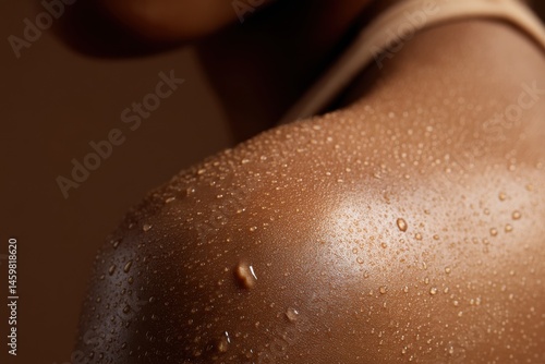 Close-up of glistening skin with water droplets highlighting natural beauty and texture in a warm setting